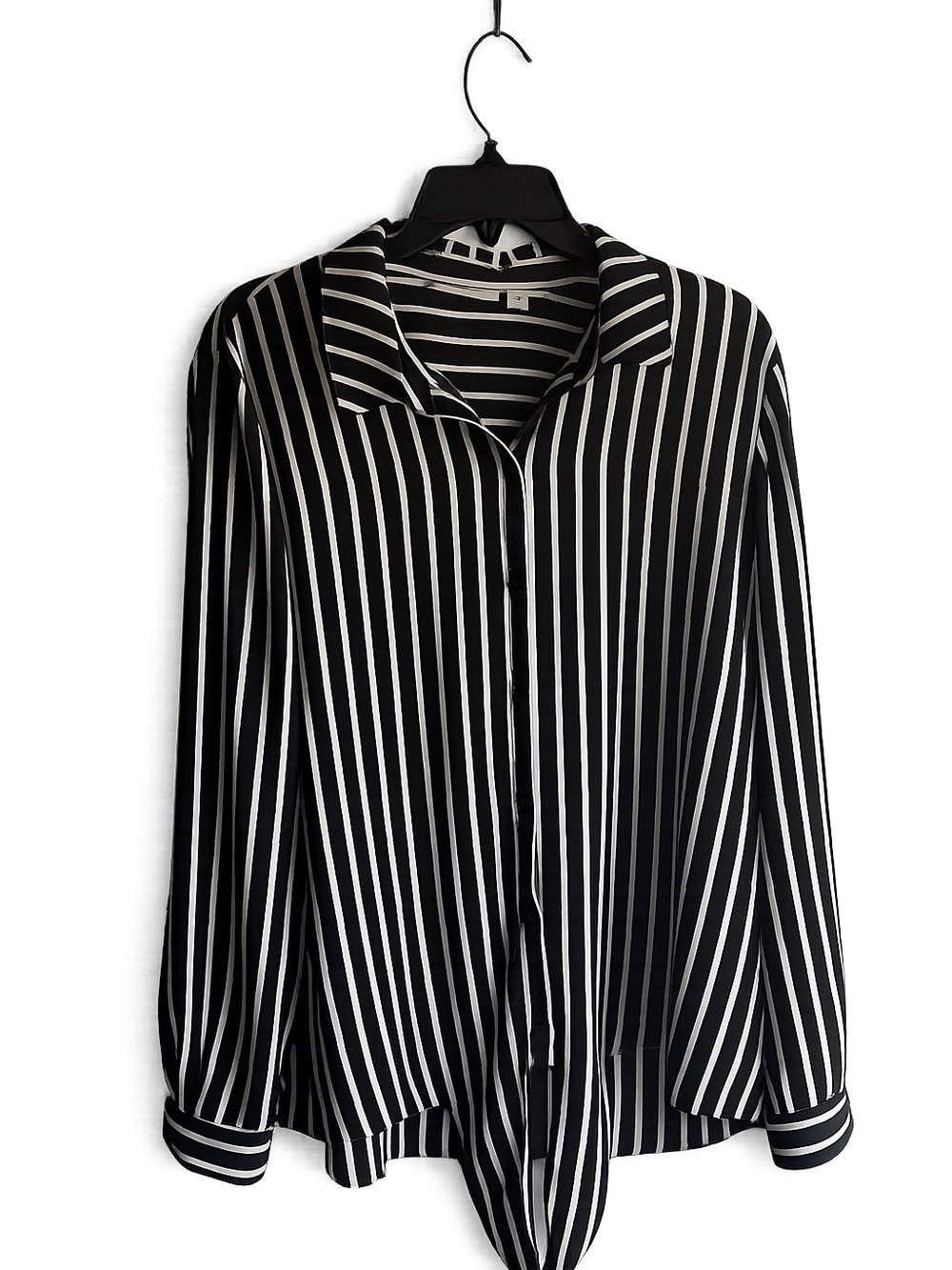 Susan Graver Black and White Vertical Stripe Button-Down Blouse